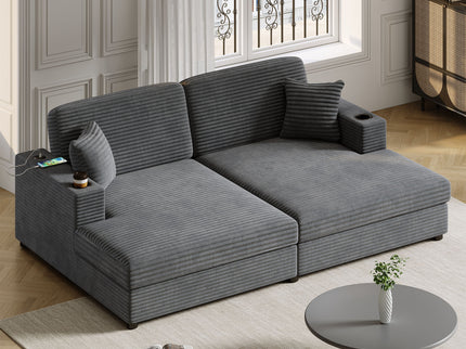 Oversized Loveseat Chaise With 2 USB Ports, 2 Cup Holders And 2 Throw Pillows