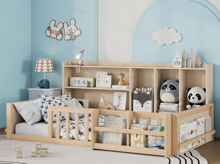 Platform Bed Frame With Guardrail, Storage Shelves & Bookshelf