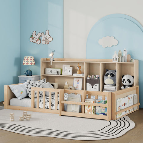Platform Bed Frame With Guardrail, Storage Shelves & Bookshelf
