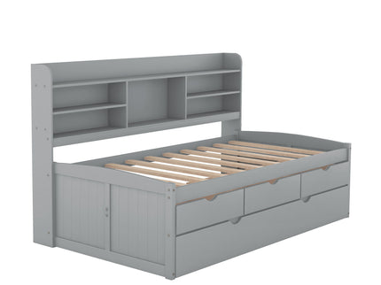 Captain Bed With Built In Bookshelves, 3 Storage Drawers, And Trundle