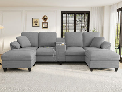 Modern U - Shaped Sectional Sofa With Storage Ottomans, USB Ports, And Cup Holders