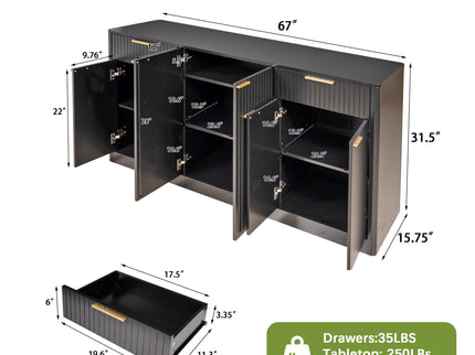 Large Fluted Buffet Sideboard, Wine Bar Storage Cabinet With 6 Doors & 2 Drawers