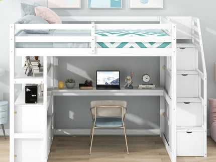Loft Bed With Desk, Shelves, 2 Drawers, Storage Staircase