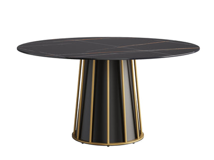 Modern Artificial Stone Round Metal Iron Base Dining Table, Can Accommodate 8 People, (Not Including Chairs) - Black