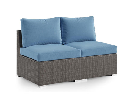 Armless Patio Sofa Set, With UV Resistant Frame And Waterproof Cushions - Blue / Brown