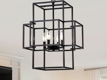 4 Light Metal Lantern Tiered Pendant Hanging Light Fixtures, Industrial Farmhouse Adjustable Height Chandeliers For Dining Room Hallway Foyer Entryway (E12 Bulbs Not Included)