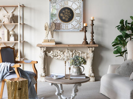 Round Wooden Coffee Table With Distressed Scrollwork Legs - Multicolor