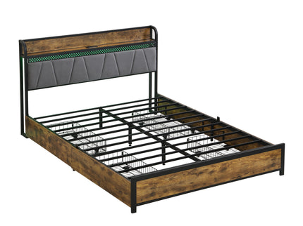 Contemporary Bed Frame With Storage Headboard, Charging Station, LED Lights