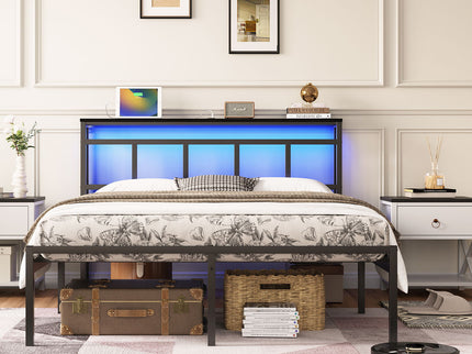 Bed Frame With Storage Headboard With USB C, Type C And LED Light