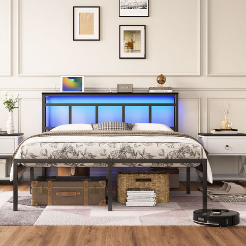 Bed Frame With Storage Headboard With USB C, Type C And LED Light