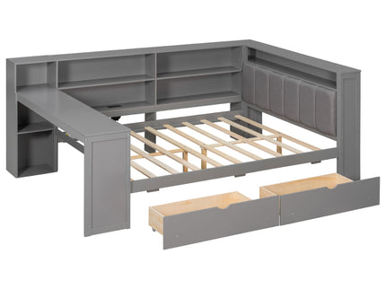 Platform Bed With Upholstered Headboard, Storage Shelves, Drawers, Charging Station, LED Lighting, Built In Desk