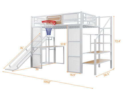 Loft Bed With Built In Desk, Open Wardrobe, Basketball Hoop, Slide And Staircase