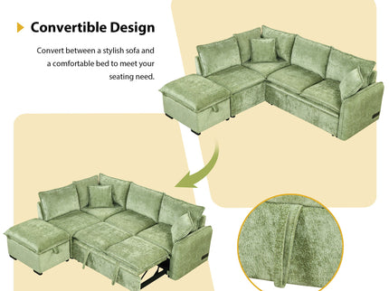 Convertible Sofa Bed Sectional Sofa Sleeper L-Shaped Sofa With A Storage Ottoman, Two Pillows, Two Power Sockets And Two USB Ports For Living Room