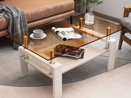 Modern Rectangular Coffee Table With Tempered Transparent Glass Top And Storage Shelf