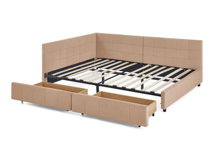 Mid-Century Storage Upholstered Tufted Bed Frame With Backrest And Armrests
