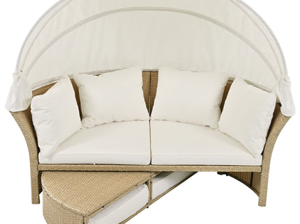 Outdoor Patio Daybed Wicker Rattan Double Daybed Round Sofa Furniture Set With Retractable Canopy, 4 Pillows For Lawn Garden