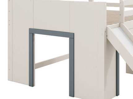 Modern Low Loft Bed With Slide, 3 Storage Drawers, And 2 Doors