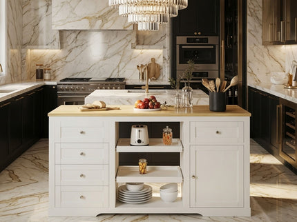 Drop Leaf Kitchen Island With Storage, Power Outlet & Pet Bowl Drawer - White / Light Oak