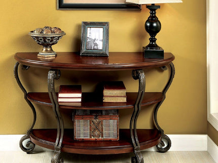 Sofa Table With Open Bottom Shelf And Ornate Scroll Detail Legs - Brown Multi