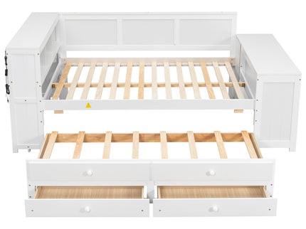Daybed With Storage Shelves, Drawers, Trundle, Charging Station, LED Light, Desk And Cabinet