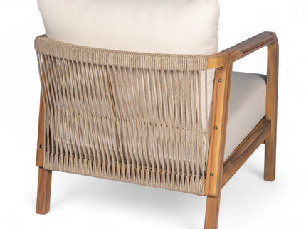 Outdoor Lounge Chair With Woven Backrest, Solid Wood Frame, Comfortable Cushions