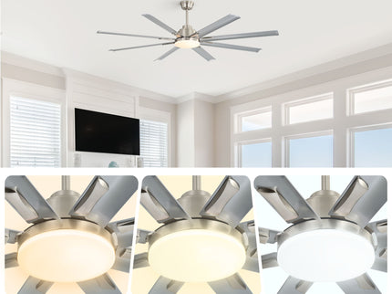 DC Motor Ceiling Fan With Dimmable Light And 8 Blade Aluminum Blades - Nickel