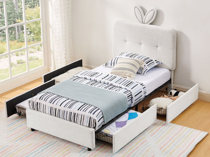 Upholstered Bed With Oversized Rabbit Ear Headboard, LED Lights & 4 Storage Drawers