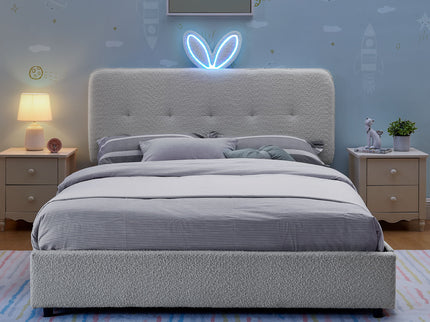 Upholstered Bed With Oversized Rabbit Ear Headboard, LED Lights & 4 Storage Drawers