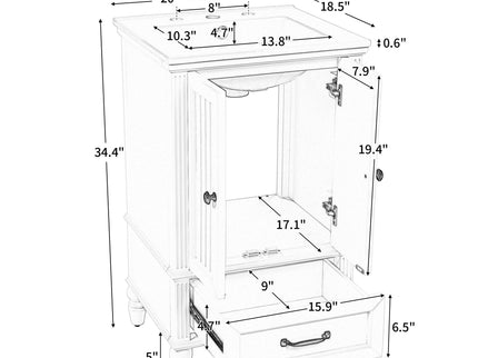 20" Bathroom Vanity With Sink Cabinet With 2 Doors, 2 Drawer, Magnetic Door Stopper, Adjustable Feet, Drop In Sink - Black