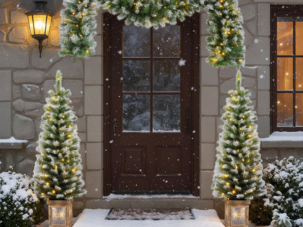 Artificial Christmas 3 Piece Set Wreath And 2 Entrance Trees With LED Lights - White / Green