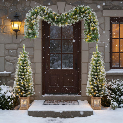 Artificial Christmas 3 Piece Set Wreath And 2 Entrance Trees With LED Lights - White / Green