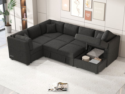 U-Shaped Sectional Sofa Pull Out Sofa Bed With Two USB Ports, Two Power Sockets, Three Back Pillows And A Storage Chaise For Living Room