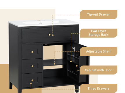 Bathroom Vanity With Sink, 3 Drawers And Adjustable Shelf, Freestanding Storage Unit