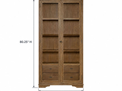 Tall Display Cabinet With Glass Doors And Drawers - Almond