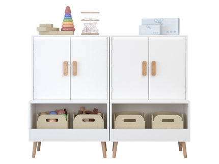 Toy Storage Cabinet With Doors And Open Shelf, Toddler Bookshelf For Playroom - White