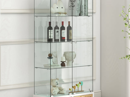 Glass Display Cabinet With LED Lights, Tempered Glass Doors, Large Drawers, 2 Door Storage Case With 4 Shelves - Natural / White