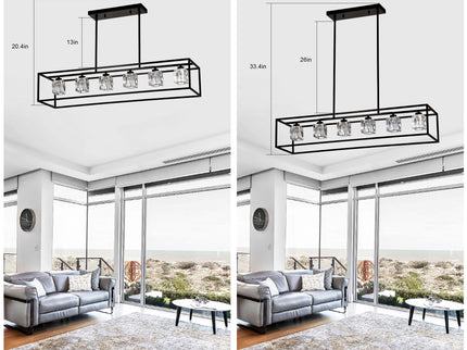 6 Light Farmhouse Chandelier, Modern Industrial Linear Rectangular Crystal Pendant Light Cage Chandelier For Dining Room, Kitchen Island, Bar, Long Table, G9*6 Bulbs Included - Matte Black