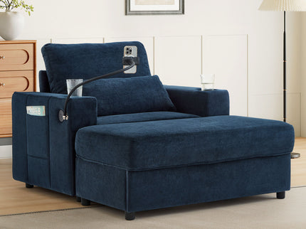 Modern Style Armchair Chaise Lounge Sofa Couch With Movable Storage Ottoman, USB Ports, Cup Holders, Phone Holder, Side Pockets