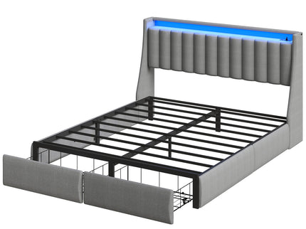 Upholstered Platform Bed Frame With RGB LED Lights, Charging Station & 2 Underbed Drawers