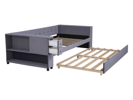 Upholstered Bed With Storage And Twin Trundle, USB Charging Ports