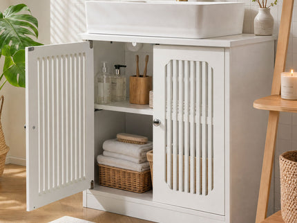 Louvered Double Door Floor Standing Bathroom Vanity Cabinet With Adjustable Shelf - White