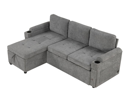 Convertible L Shaped Sofa Couch With Storage, Cup Holders, USB Ports