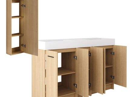 Double Sink Bathroom Vanity Set With Tall Linen Cabinet, Extra Large Storage, Integrated Sink, Freestanding Cabinet - Light Oak / White