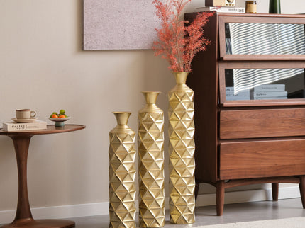 Metal Decorative Vase High Distress Metal Center Vase With 3D Triangle Pattern, (Set of 3) Vases For Home Decoration - Gold