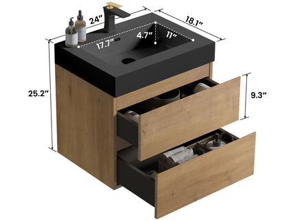 Alice - Natural Oak Bathroom Vanity With Sink, Large Storage Wall Mounted Floating Bathroom Vanity For Modern Bathroom, One-Piece Sink Basin Without Drain