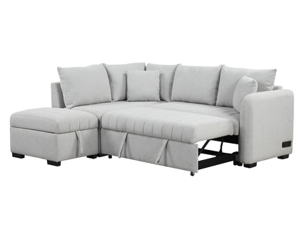 L-Shaped Sectional Pull Out Sofa Bed Sleeper Sofa With Two USB Ports, Two Power Sockets And A Movable Storage Ottoman