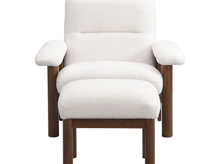 Modern Accent Chair With Ottoman, Mid Century Lounge Chair With Footrest, Comfy Fabric Armchair Upholstered Set With Solid Wood Frame For Living Room - White