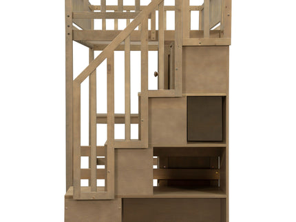 Loft Bed With Built In L Shaped Desk, LED Lights, Storage Shelves, Cabinets, And Staircase