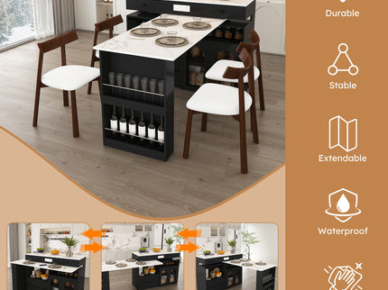 Retro Kitchen Island Set With Chairs, Extendable & Rotating Table, 4 Drawers & Door Cabinets