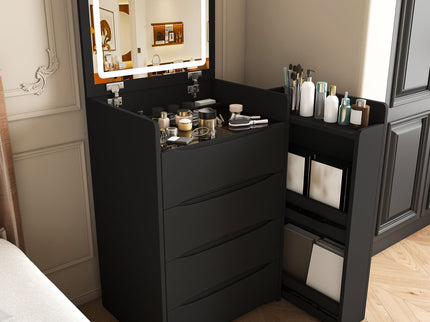 Flip Mirror Vanity Desk With Adjustable LED Lights & Stool For Bedroom
